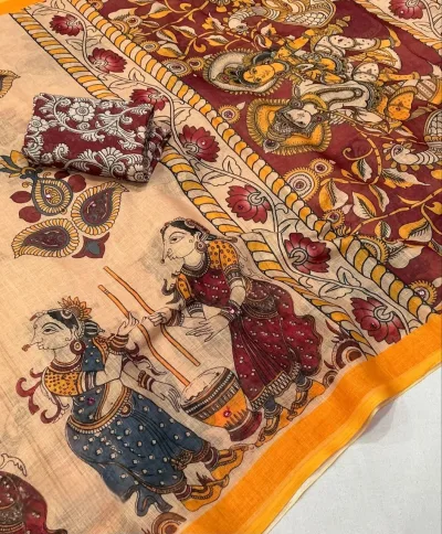 Kalamkari Style Linen Printed Saree - Mustard Yellow
